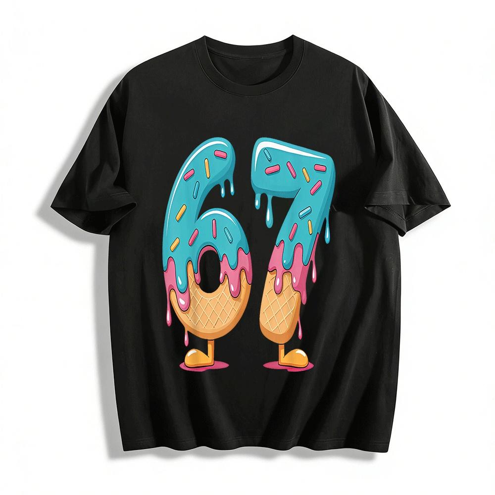 Cute Dessert Style Number 67 Print Casual Unisex Top Pure cotton T-shirt XXS