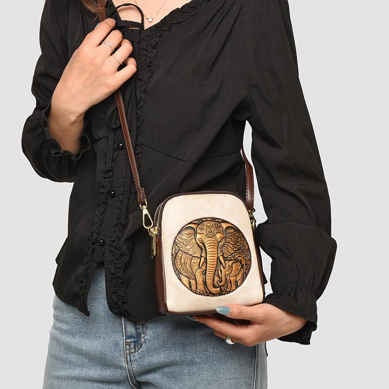 Women's Embossed Elephant Design Crossbody Bag Vintage Leather Shoulder Bag for Daily Use