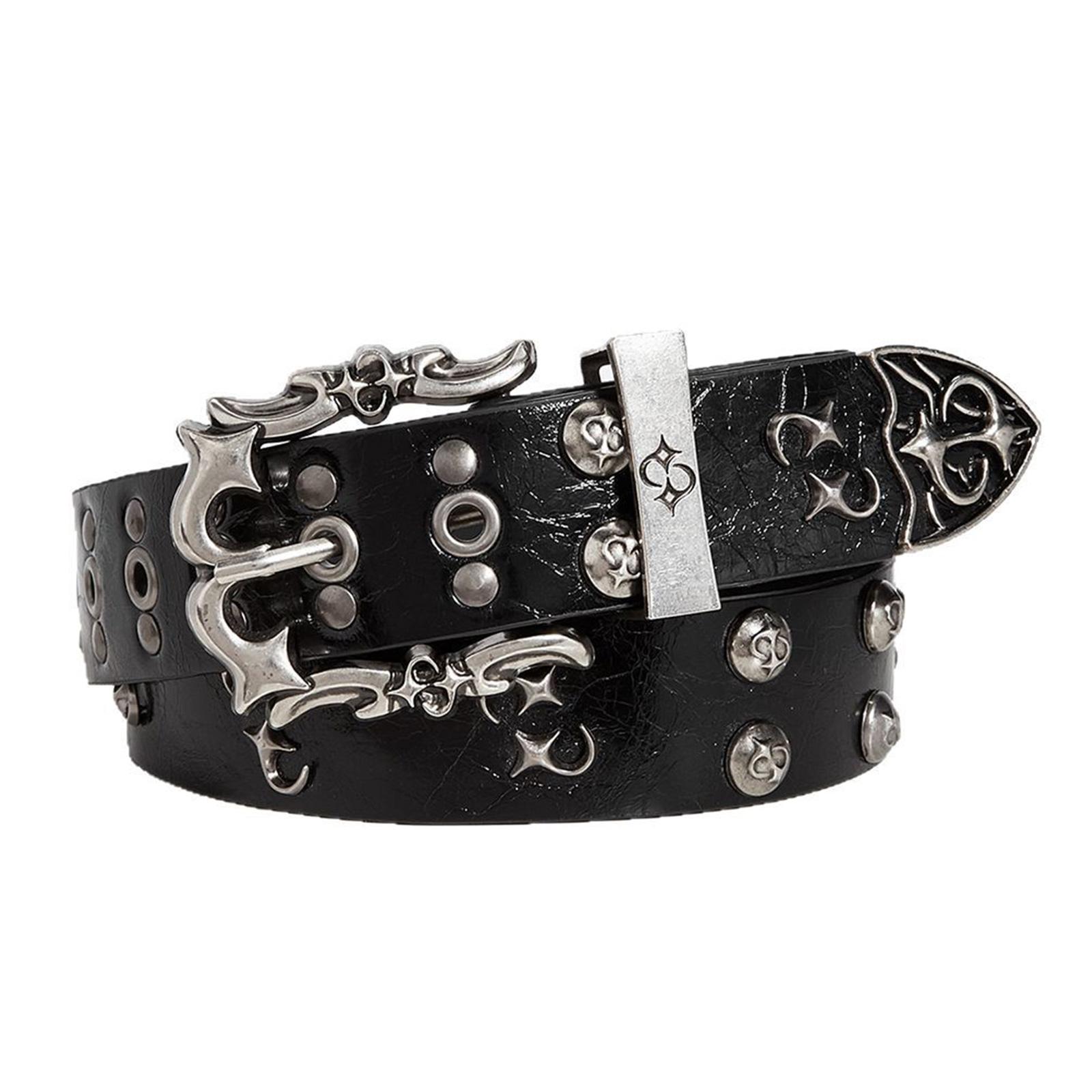 

Women s Gothic Style Studded Belt Double Row Hole Adjustable Clasp Waist Band PU Leather Nonslip Design Fashion 1 чёрный