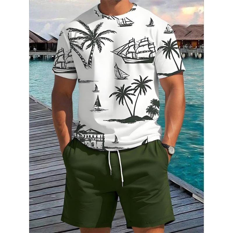 2 Piece Summer Casual Everyday Men's Short Sleeve Shorts Set Hawaiian Print Men's T-shirt Outdoor Sports Men's Beach Shorts
