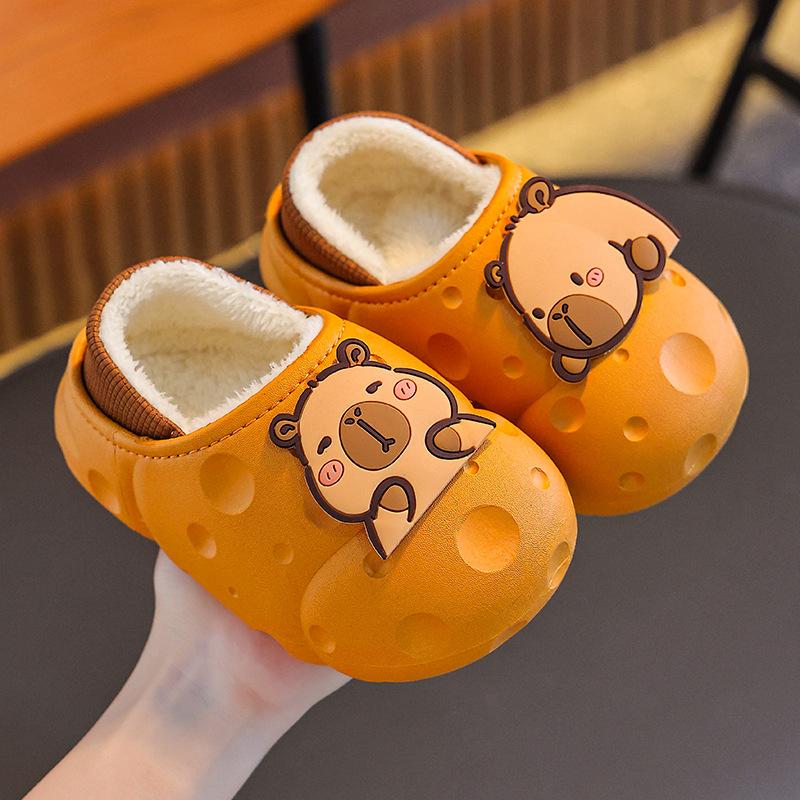 Autumn and Winter Children's Cotton Slippers for Both Boys and Girls, Warm and Plush Waterproof, Medium and Large Children's Bags with Cotton Heels