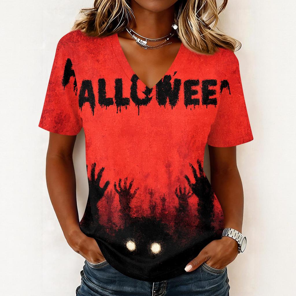 Haut pull décontracté pour femme à col en V, manches courtes, imprimé graphique Halloween, coupe ample, t-shirt léger pour un usage quotidien