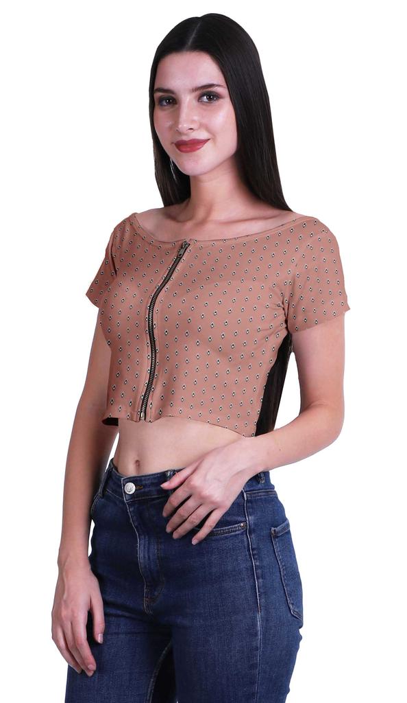 Moomaya Printed Boat Neck Womens Sexy Summer Tops Zip Front Viscose Crop Top