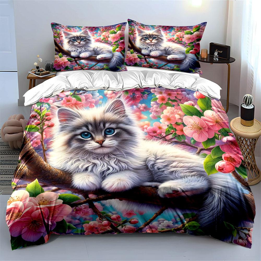 Cat among blooming flowers Print Bedding Set 1 Duvet Cover 2 Pillowcases for Adult and Children Luxury Gift Full Size