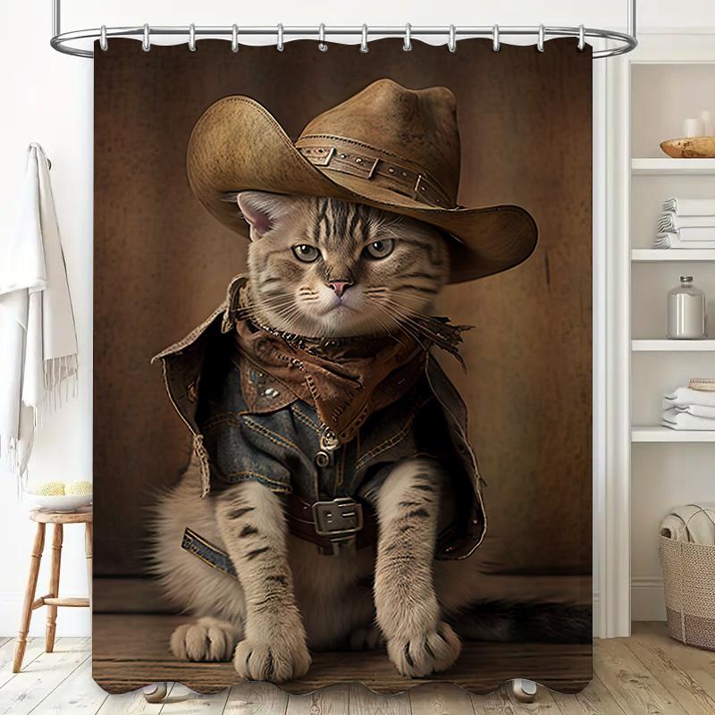 Western Cowgirl Cat Bath Mat Shower Curtain Printed Pet Decor Bathroom Accessories Brown Leopard Print Cowboy Vest Hat Dress Cos