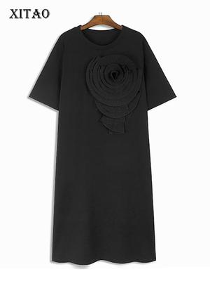 Vestido de Decoración Floral Tridimensional Color Sólido Abertura Lateral Casual Mujer ZY8688