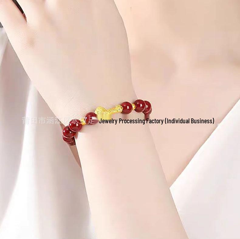 Gold Cinnabar Pixiu Bracelet with Lucky Beads and Curved Tube for Women – 999 Pure Gold DIY Gift