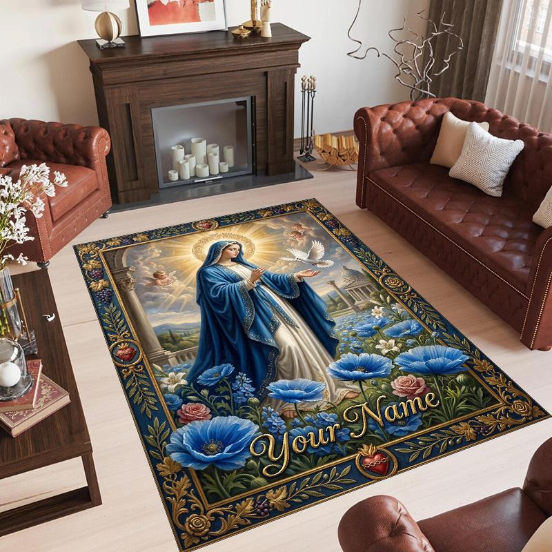 Virgin Mary Theme Crystal Velvet Rug Personalized Custom Name Text Soft Floor Mat Home Decor