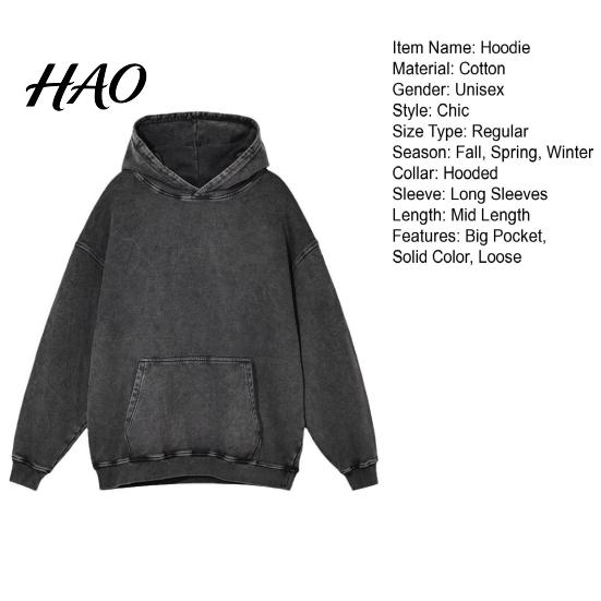 Ausgefranster gewaschener Baumwoll-Hoodie Herbst Frühling Unisex Große Tasche Mit Kapuze Locker Elastische Bündchen Und Saum Abfallende Schulter Einfarbig Sportbekleidung Oberteil Herbst