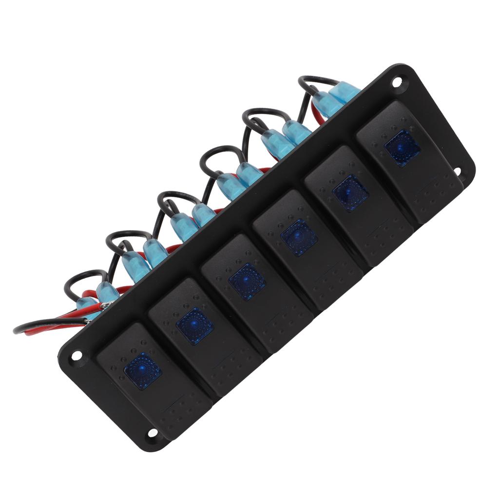 6 Gang Rocker Switch Panel Overcurrent Protection LED Blue Backlit IP65 Waterproof for 12‑24V Vehicles Boats SUV Trucks