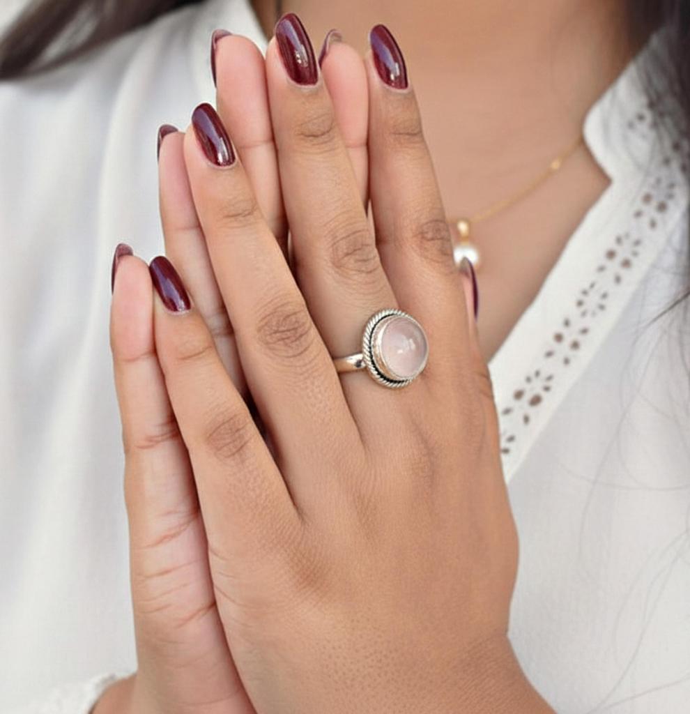 Rosenquarz Runder Statement-Ring, 925 Sterlingsilber, Minimalistischer Böhmischer Ring für Damen, Handgefertigter Schmuck