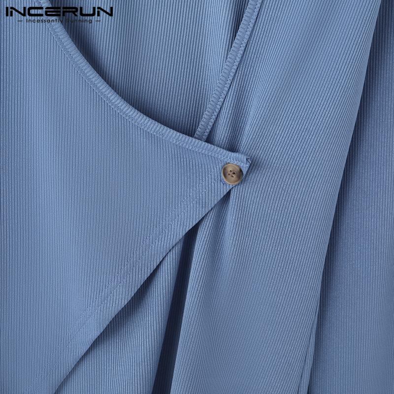 INCERUN Men Deep V Neck Fitted Texture Long Sleeve Irregular Tops Undershirts