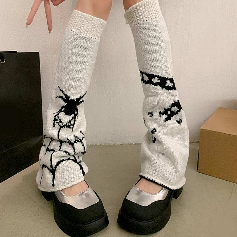 Harajuku Punk Spiderweb Knitted Leg Warmers Japanese Women Gothic Knee Length Long Socks Leggings Boot Cuffs Foot Covers