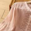 Embroidery Flower Pattern Women Shirt Retro Style Round Neck Pullover Tops 3 4 Sleeve Summer Casual Blouse