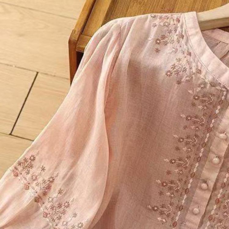 Embroidery Flower Pattern Women Shirt Retro Style Round Neck Pullover Tops 3 4 Sleeve Summer Casual Blouse