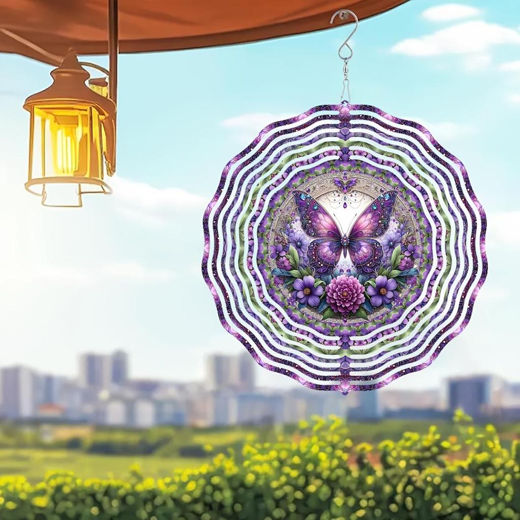 10-Inch Purple Butterfly Wind Spinner - 2D Laser-Cut Metal Garden Art with Geometric Design, 360° Rotating Hook for Indoor/Outdoor Decor