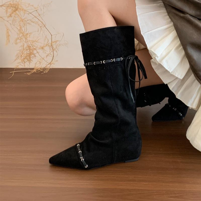 "Wasteland Spice Girls" Inner Heightening Western Cowboy Boots Women's Autumn and Winter Pile Boots Lace-up Skinny Knee Boots