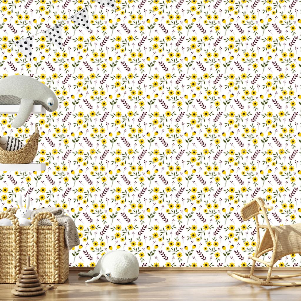 Yellow Flowers Wallpaper White, Light Gray and Cream 50x1000