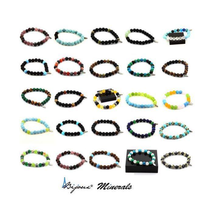Pierres et Minéraux. Bracelet Perles Malachite + Lave 8 mm. Fabriqué en France.
