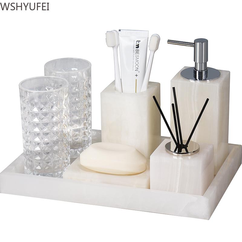 Light Luxury White Jade Stone Home Bathroom Wash Suit Bathroom Supplies Brush Tooth Cup Soap Bottle Soap Dish Toothbrush Holder