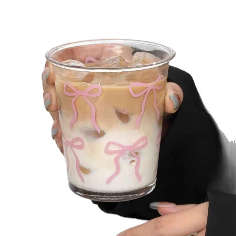 Girl Glass Coffee Cup Cute Flip Bow High Beauty Water Cup Breakfast Glass Cup Milk Portable Birthday Gift Coffee Mug
