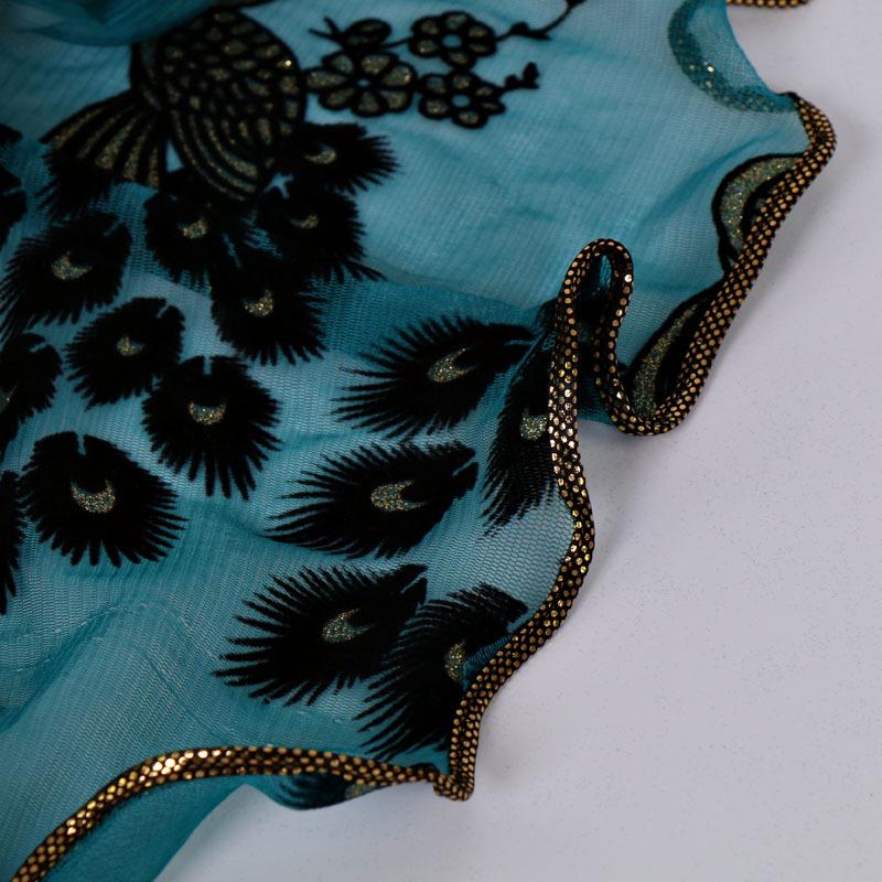 Peacock Plush Breathable Long Scarf with Gold Foil and Lace Edging for Women