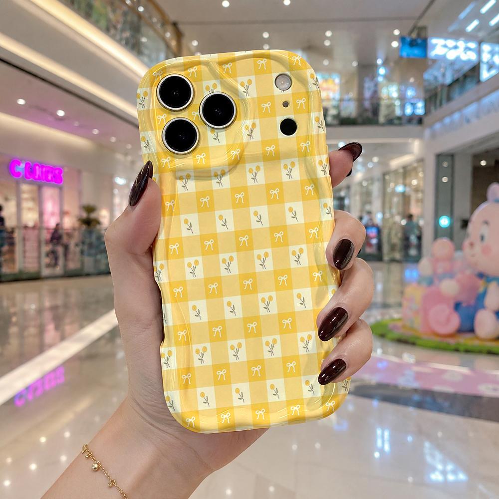 Yellow Plaid Tulip Tiny Bow Pattern Wavy Edge Phone Case For iPhone 17 16 15 14 13 12 11 8 7 Plus Pro Max Soft Protective Cover