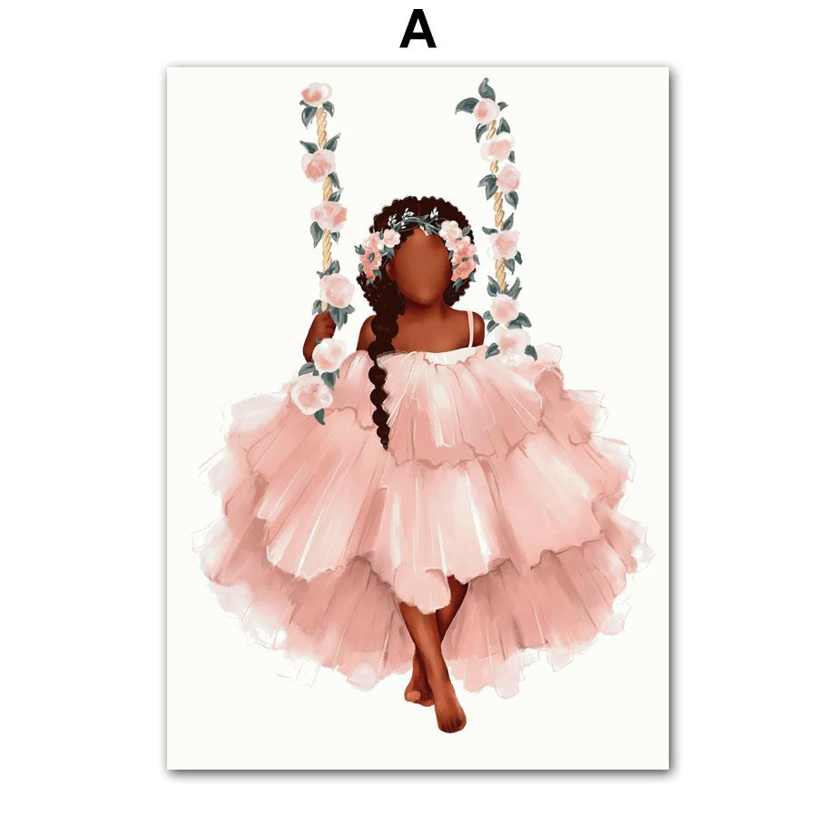 Watercolor Black Girl Flower Swing Unicorn Castle Wall Art Canvas Painting Posters And Prints Wall Pictures Baby Kids Room Decor