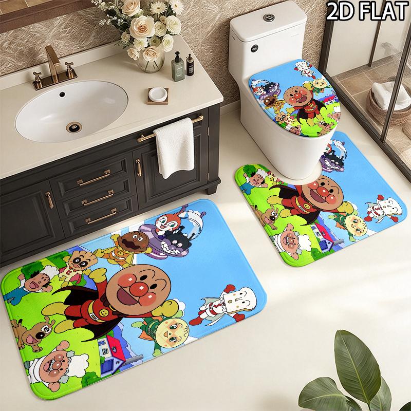 3pcs Anpanman Pattern Flannel Nonslip Absorbent Washable Decorative Bathroom Home Toilet Seat Cover Mat