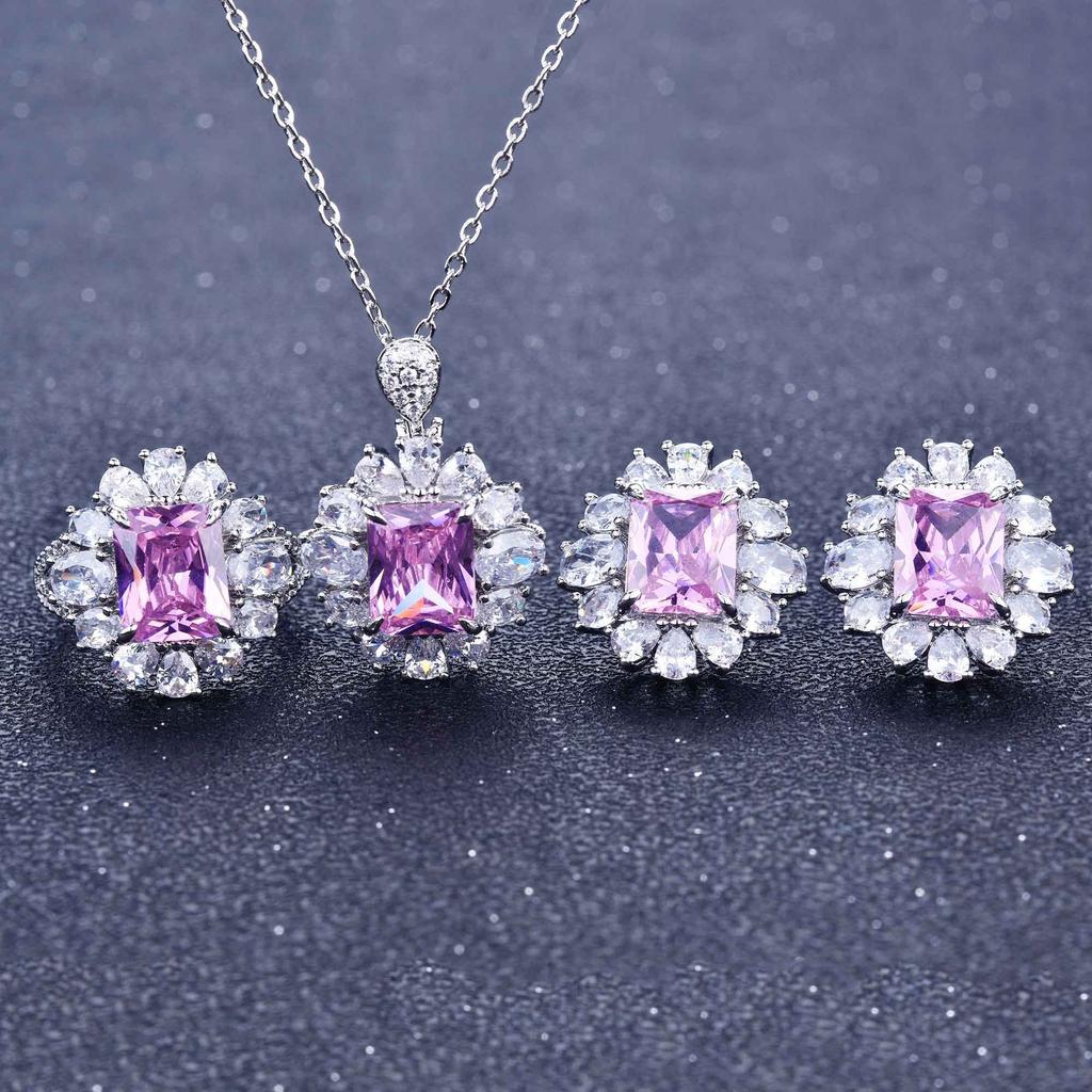 Color Treasure Set, Ascher Yellow Diamond Topa Blue Argyle Pink Square Diamond Ring Stud Earrings Pendant Female