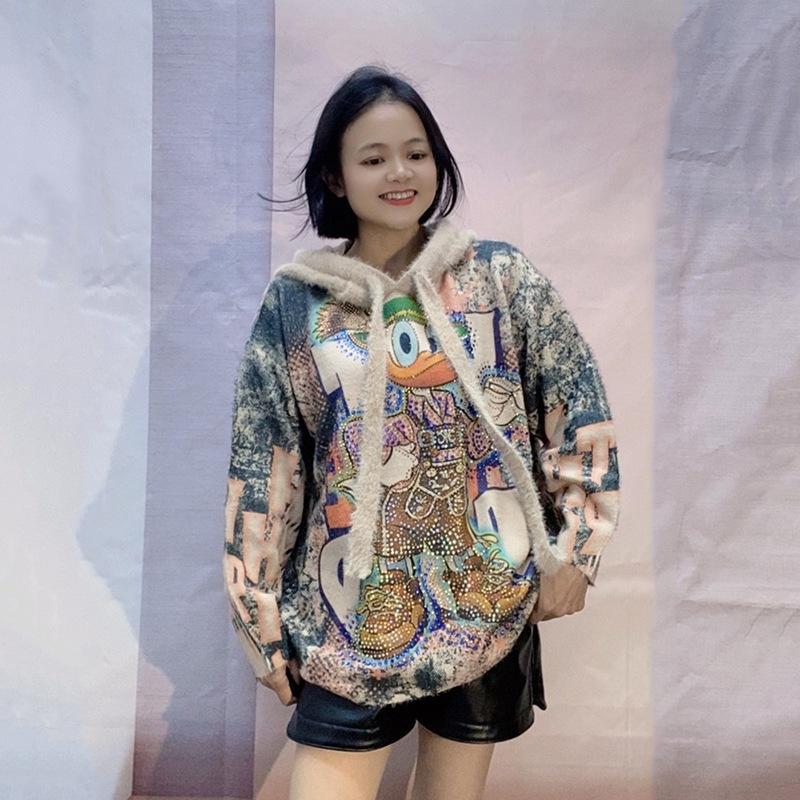 Women's Heavy-Duty Hooded Cartoon Print Sweater, Autumn/Winter 2025, Thickened Loose Knit Top in Lazy Style.