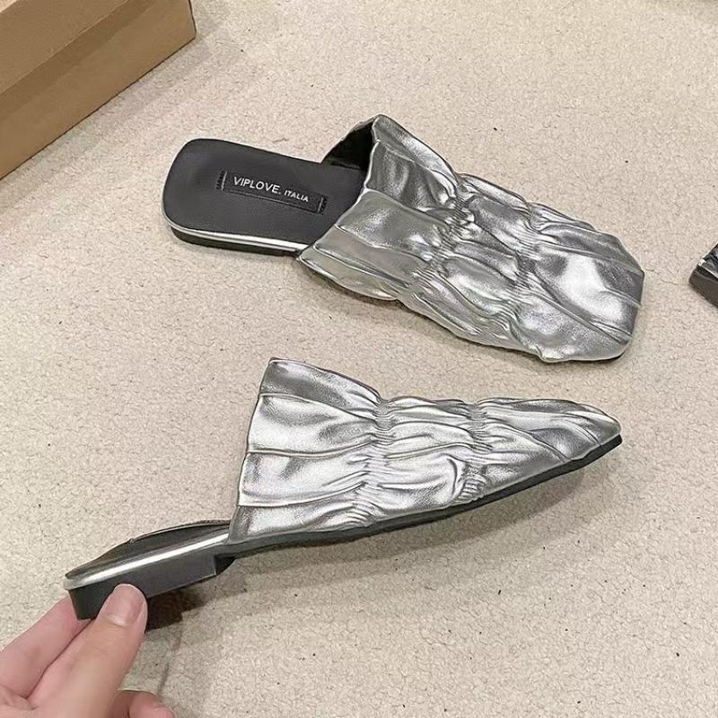 Fashion Spring New Baotou Flat Sandals for Women Fashion Square Head Deep Mouth Fold Soft Sole Anti-slip Wear-resistant Slippers