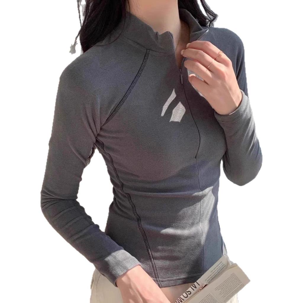 Women's Autumn/Winter Half-High Collar Fleece Base Layer with Zippered Raglan Sleeves