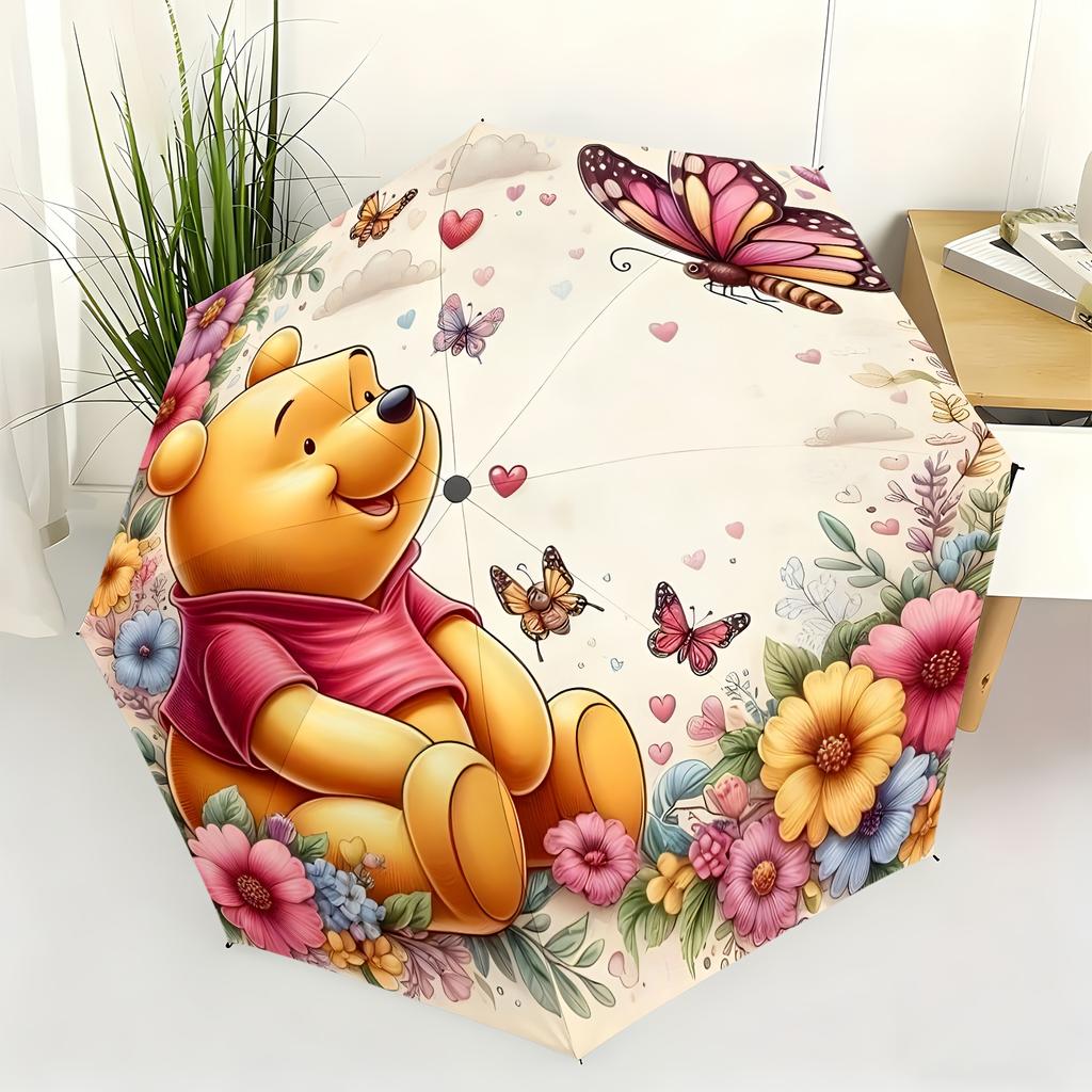 1pc Disney Winnie the Pooh Butterfly Floral Automatic Umbrella, All-Occasion Dual-Use Umbrella for Sun and Rain, Portable Fold