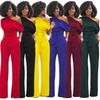 Europese & Amerikaanse Asymmetrische Halslijn Knopen Jumpsuit met Wijde Pijpen in Effen Kleur.