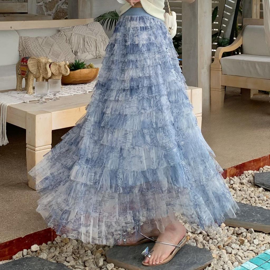 Dimanaf 2025 Summer Women New Skirts Vintage Mesh Elastic Pleated Elegant Blue Long Skirts Lace High Waist