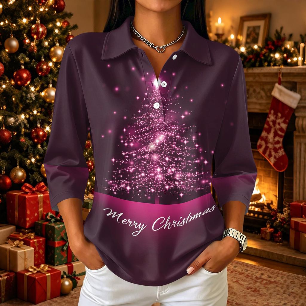 Women's Casual Christmas Print Button-Up Three-Quarter Sleeve Lapel Top