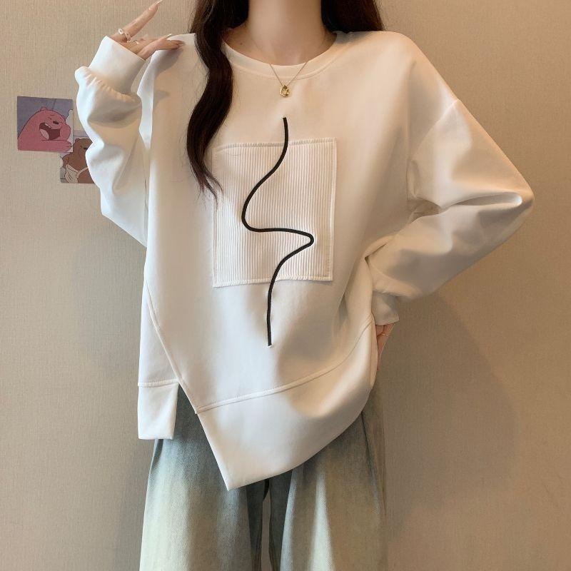 Women's Irregular Hoodie American Version Crew Neck Minimalist Pattern Hoodless Sweatshirt Autumn Casual Comfortable Famale Long Sleeved Top