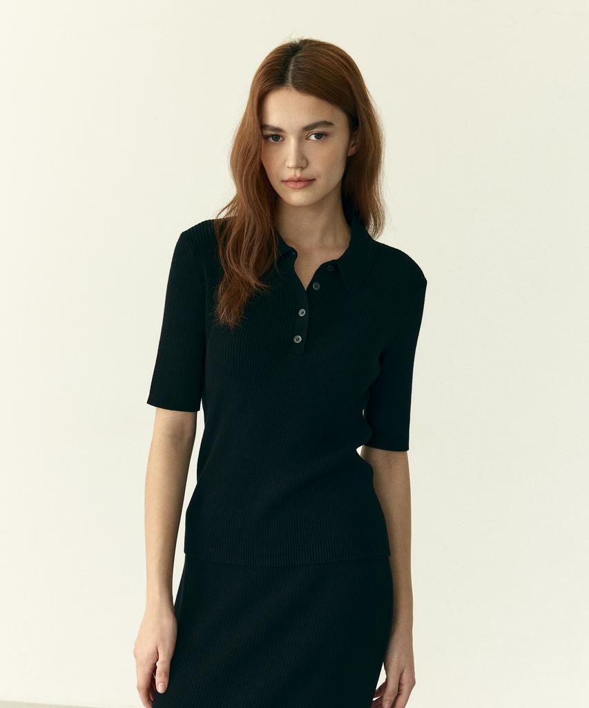 210EDIT Women'S Ribbed Collared Short Sleeve Knit - 5 Colors [Zg2Sw510]