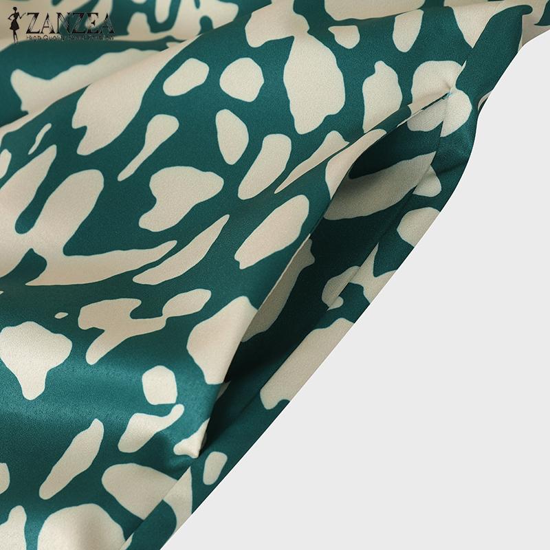 ZANZEA Women Casual Turn Down Collar Loose 3/4 Sleeve Retro Print Long Dress