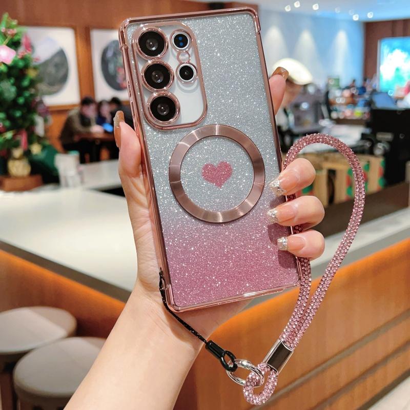 For Samsung Galaxy S25 Ultra Magnetic Case TPU Phone Cover with Strap Heart Gradient Sparkle