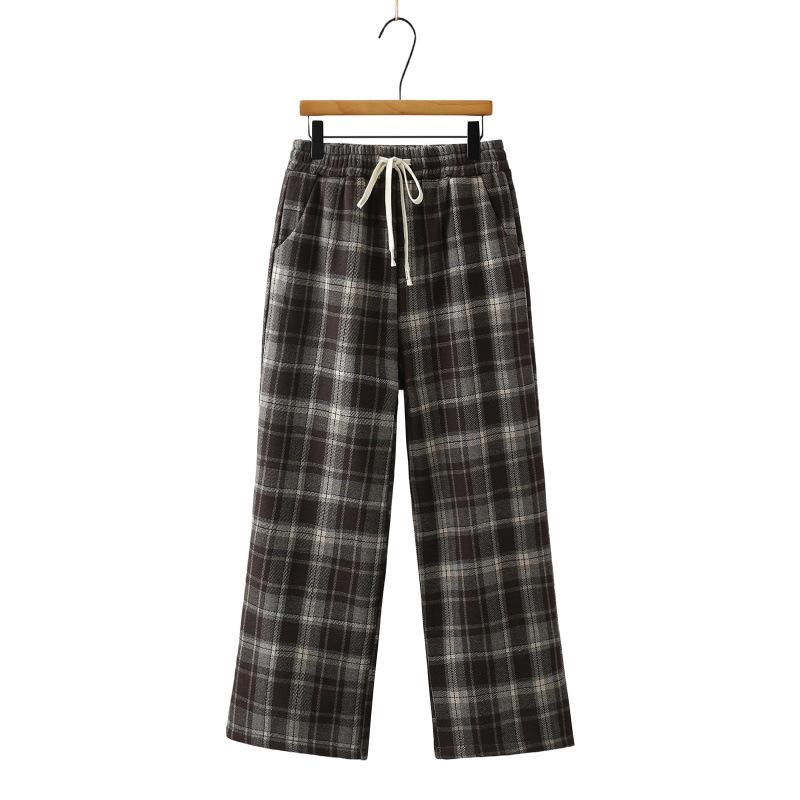 

2025 A/W Plus Size Woolen Plaid Straight Leg Pants for Women - Loose, Slimming with Plus Velvet 4XL