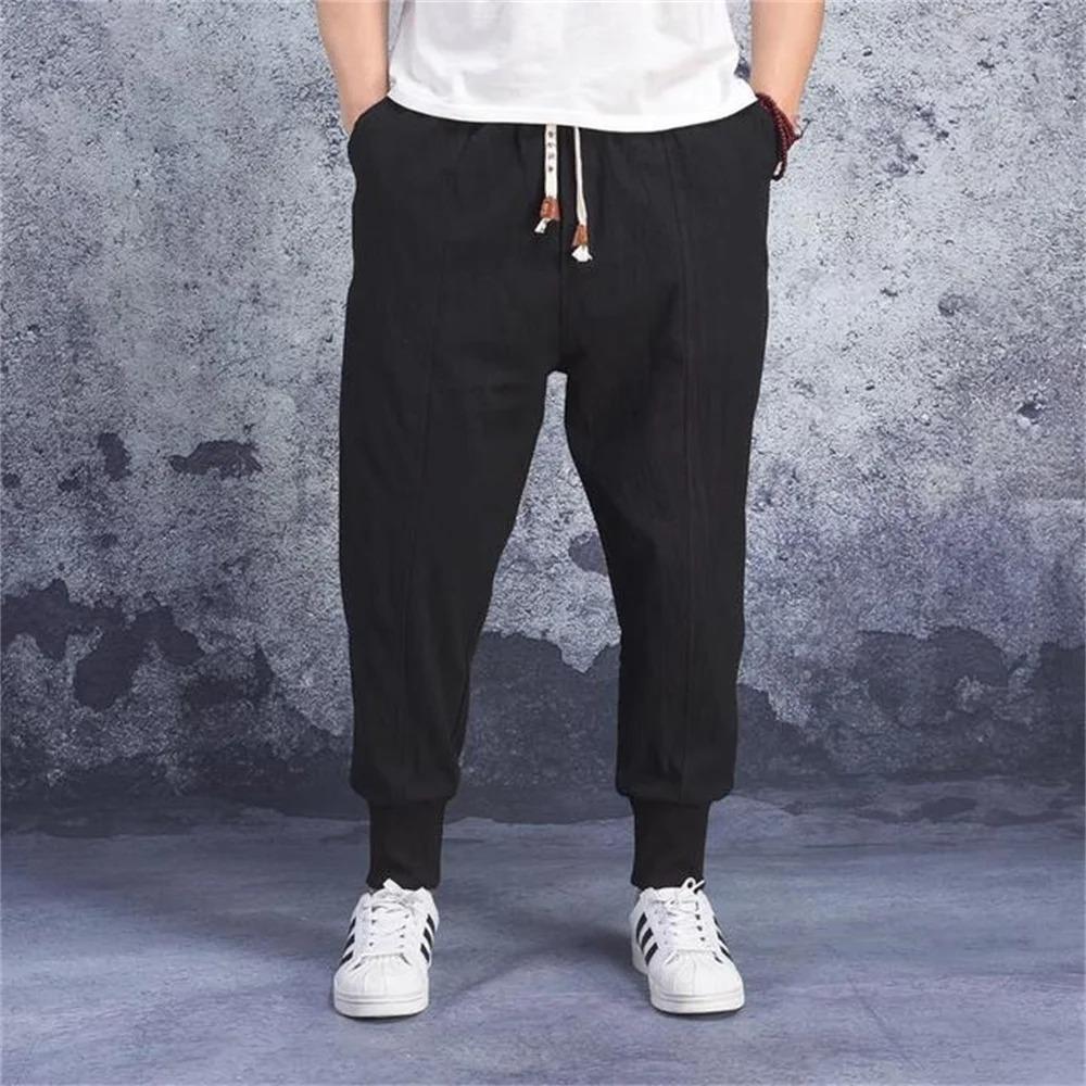 Herren Haremshose aus Baumwolle und Leinen mit elastischer Taille, einfarbig, Streetwear, Jogger, Baggy, tiefer Schritt, männliche Freizeitmode