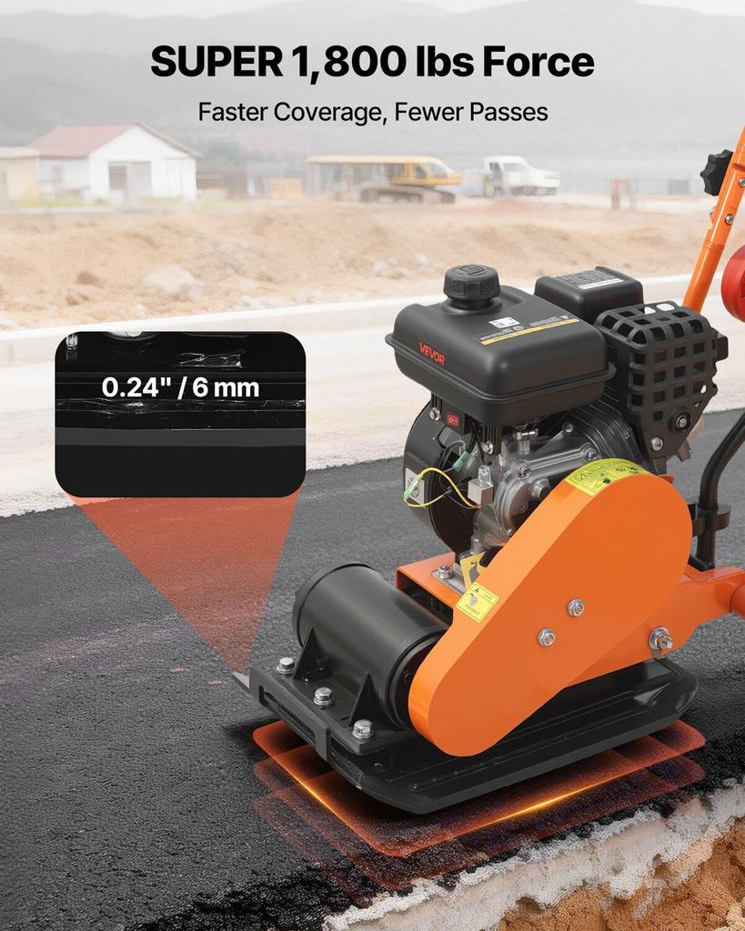 Plate Compactor, 2 HP 79CC Gas Engine, 5250 VPM Vibrating Ground Rammer, 8 kN Compaction Force, 41 x 31.5 cm Plate, Walk Behind Compactor for Paver