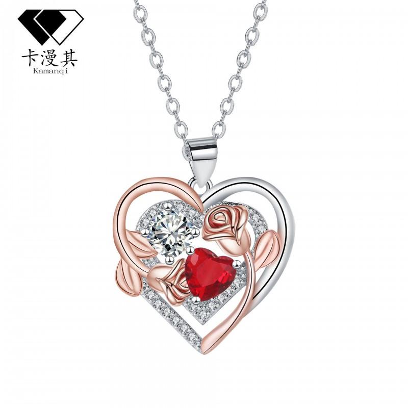 Rose Gold Heart Pendant Necklace Women Cubic Zirconia Accented Cross Chain Lightweight Luxury Choker Style Rose Gold Plated