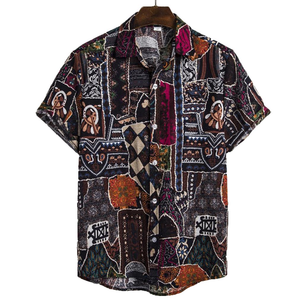 Men's Cardigan Short Sleeve Hawaiian Beach Flower Shirt Men's Turtleneck Shirt