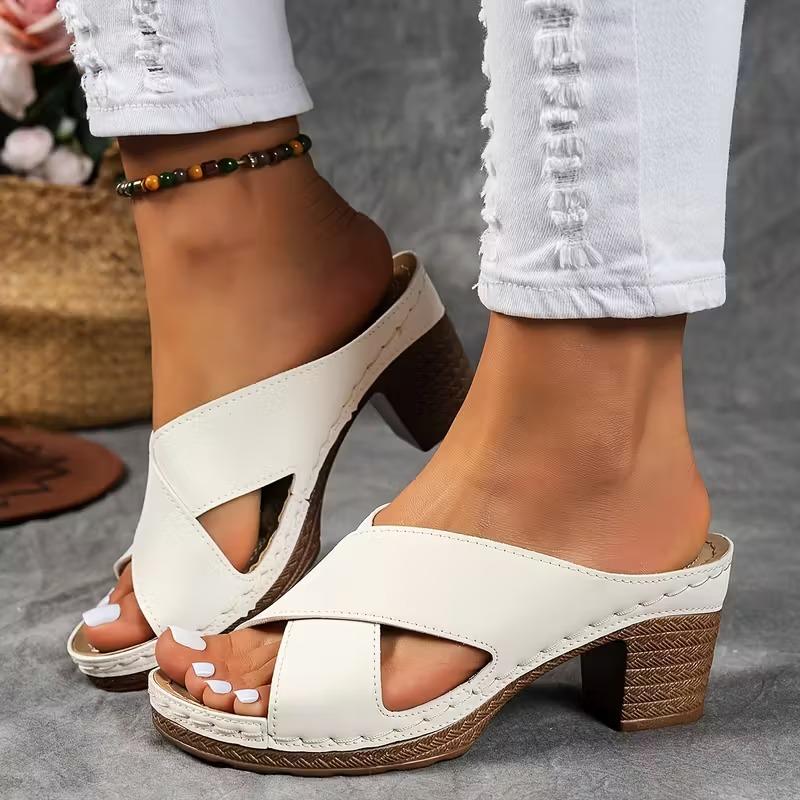 Women Summer Lightweight Hollow Sandals High Heels New Dress Chunky Cross Open Toe Slippers Plus Size Female Casual Slides Shoes