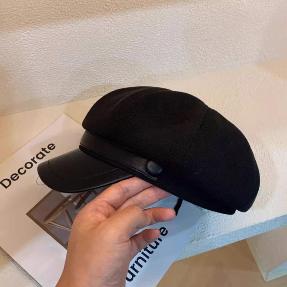 Korean Style Pu Leather Beret British Style Painter Hat Fashion Wool Octagonal Hat  Girl