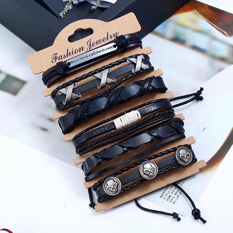 Handmade Metal Letter Cross Skull Bracelets Sets Multilayer Leather Bracelet for Men Women