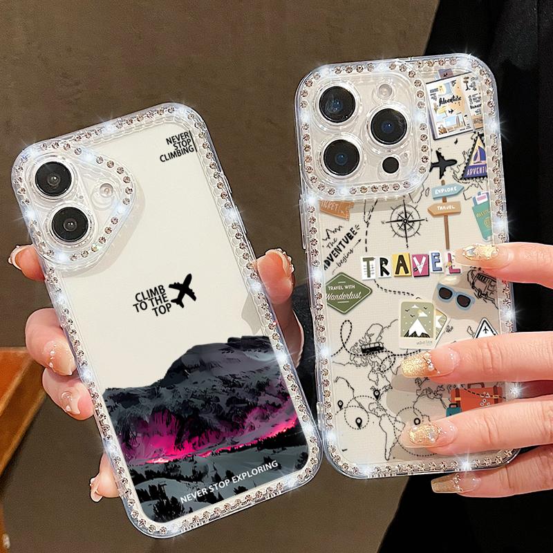 Airplane Travel Label Diamond Case For iPhone 16 Pro Max Coque iPhone 11 12 13 14 15 17 Pro Max 16E 17 Air Clear TPU Soft Cover